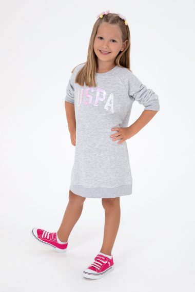 لباس بلند  خاکستری روشن ملانژ  رگولار  دخترانه یو اس پولو | US POLO ASSN