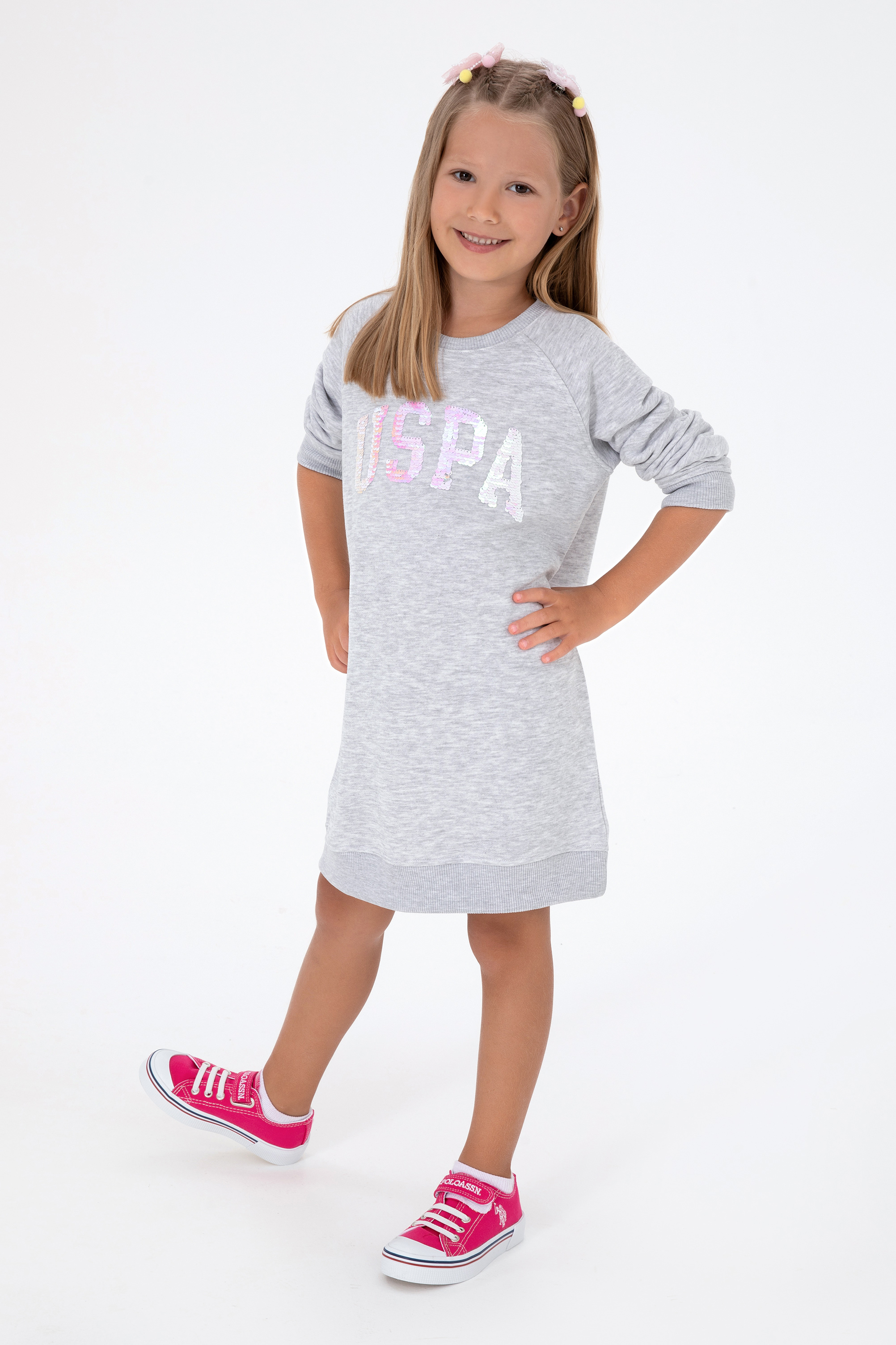 لباس بلند خاکستری روشن ملانژ رگولار دخترانه یو اس پولو | US POLO ASSN