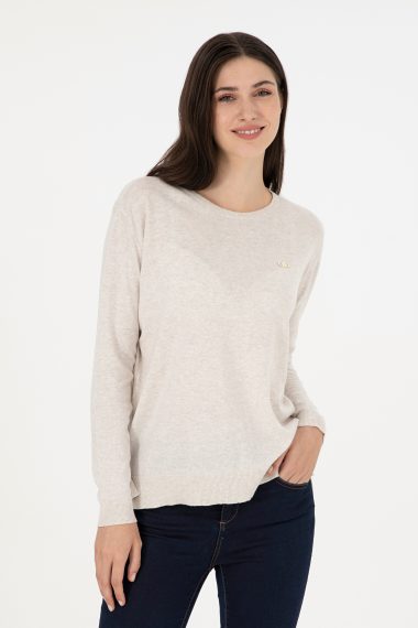 بافت یقه گرد خاکستری ملانژ  ریلکس آستین بلند زنانه یو اس پولو | US POLO ASSN