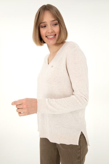 بافت یقه هفت سفید ملانژ ریلکس آستین بلند زنانه یو اس پولو | US POLO ASSN