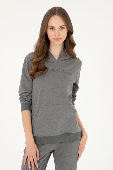 سویشرت هودی  زغالی ملانژ  رگولار  زنانه یو اس پولو | US POLO ASSN