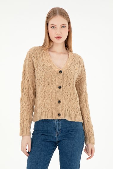 ژاکت تریکو  کرمی ملانژ  ریلکس  زنانه یو اس پولو | US POLO ASSN