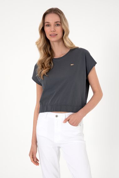 تی شرت یقه گرد  زغالی  Crop Top  زنانه یو اس پولو | US POLO ASSN