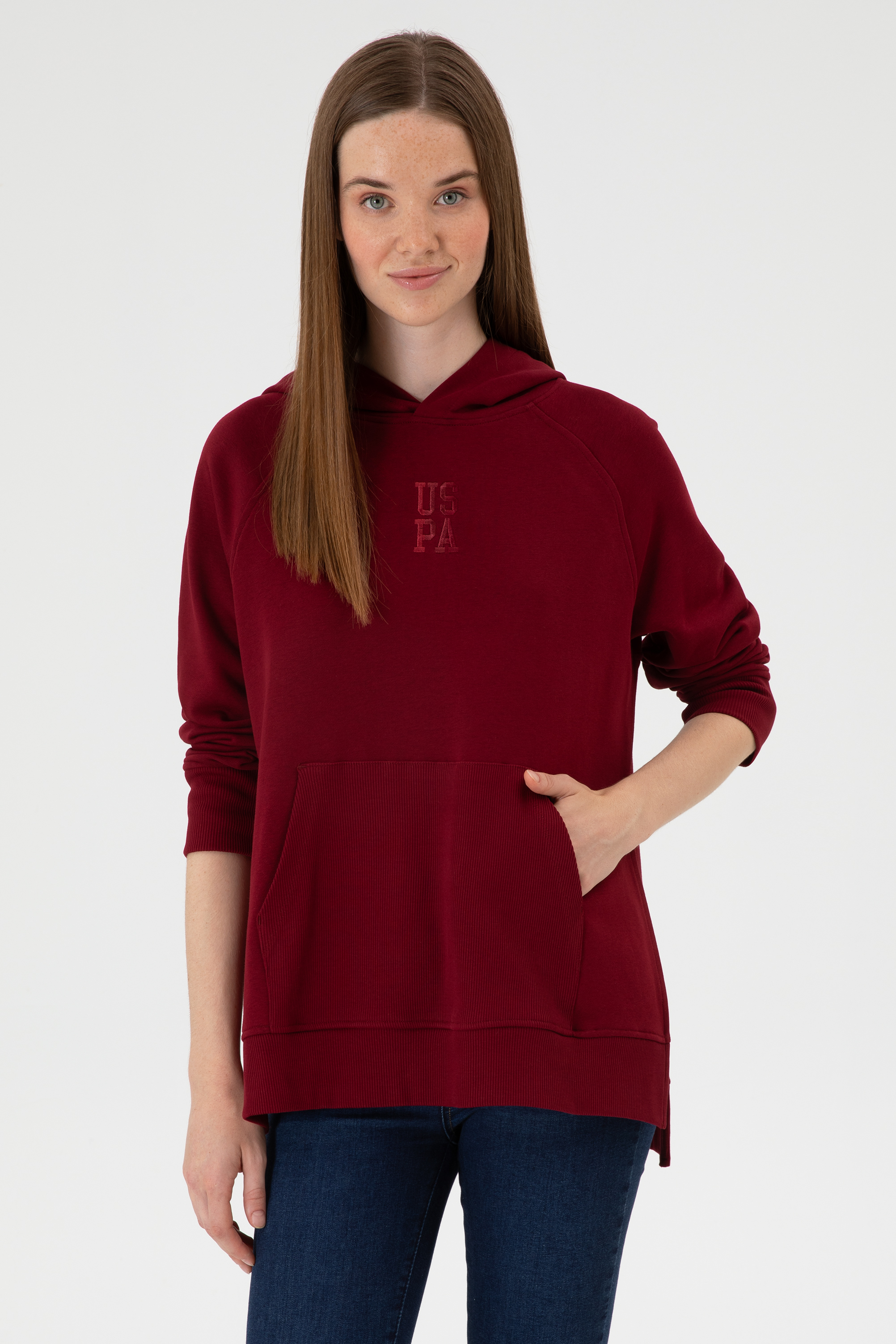 سویشرت هودی بورگاندی ریلکس زنانه یو اس پولو | US POLO ASSN