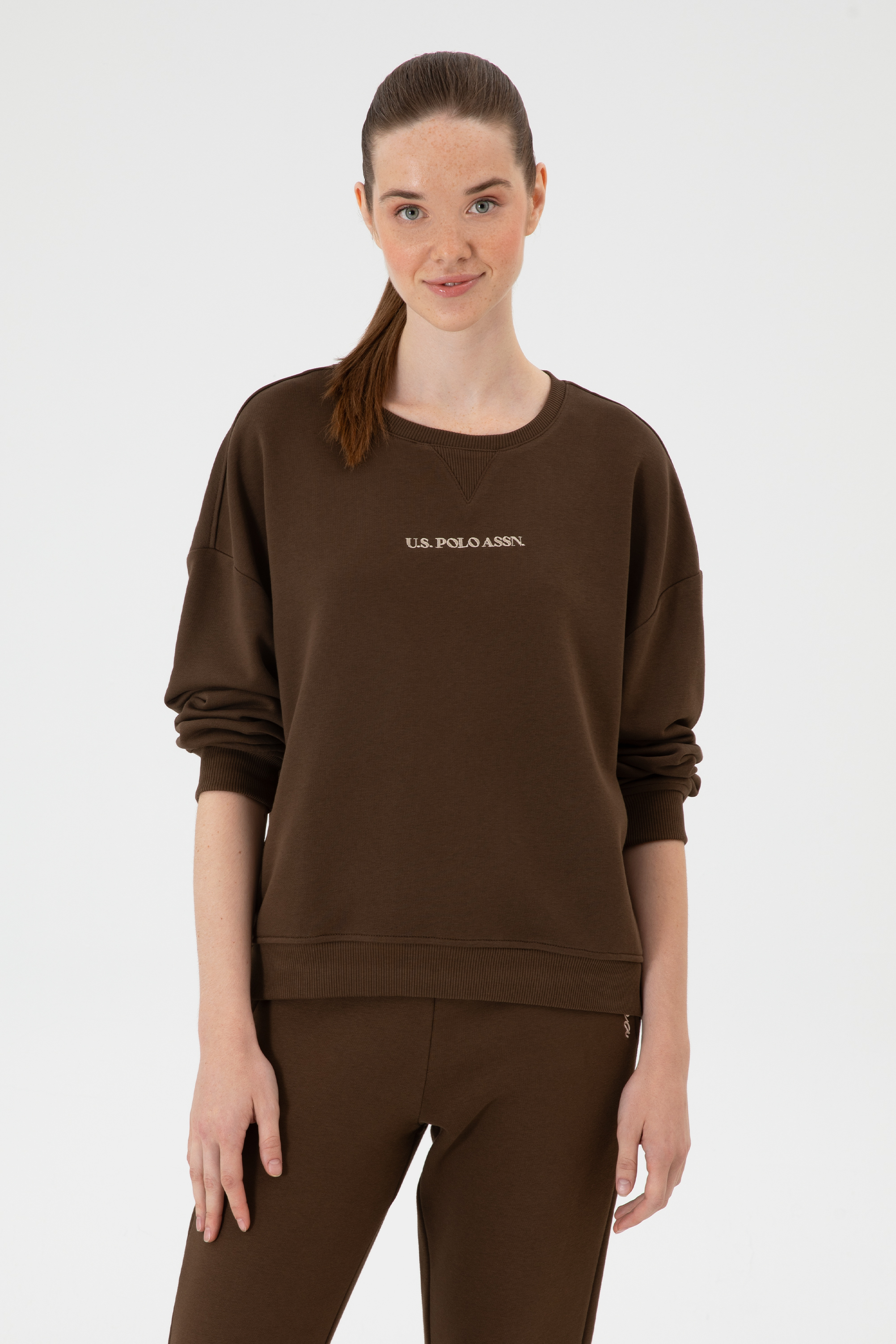 سویشرت یقه گرد قهوه ای Oversize زنانه یو اس پولو | US POLO ASSN