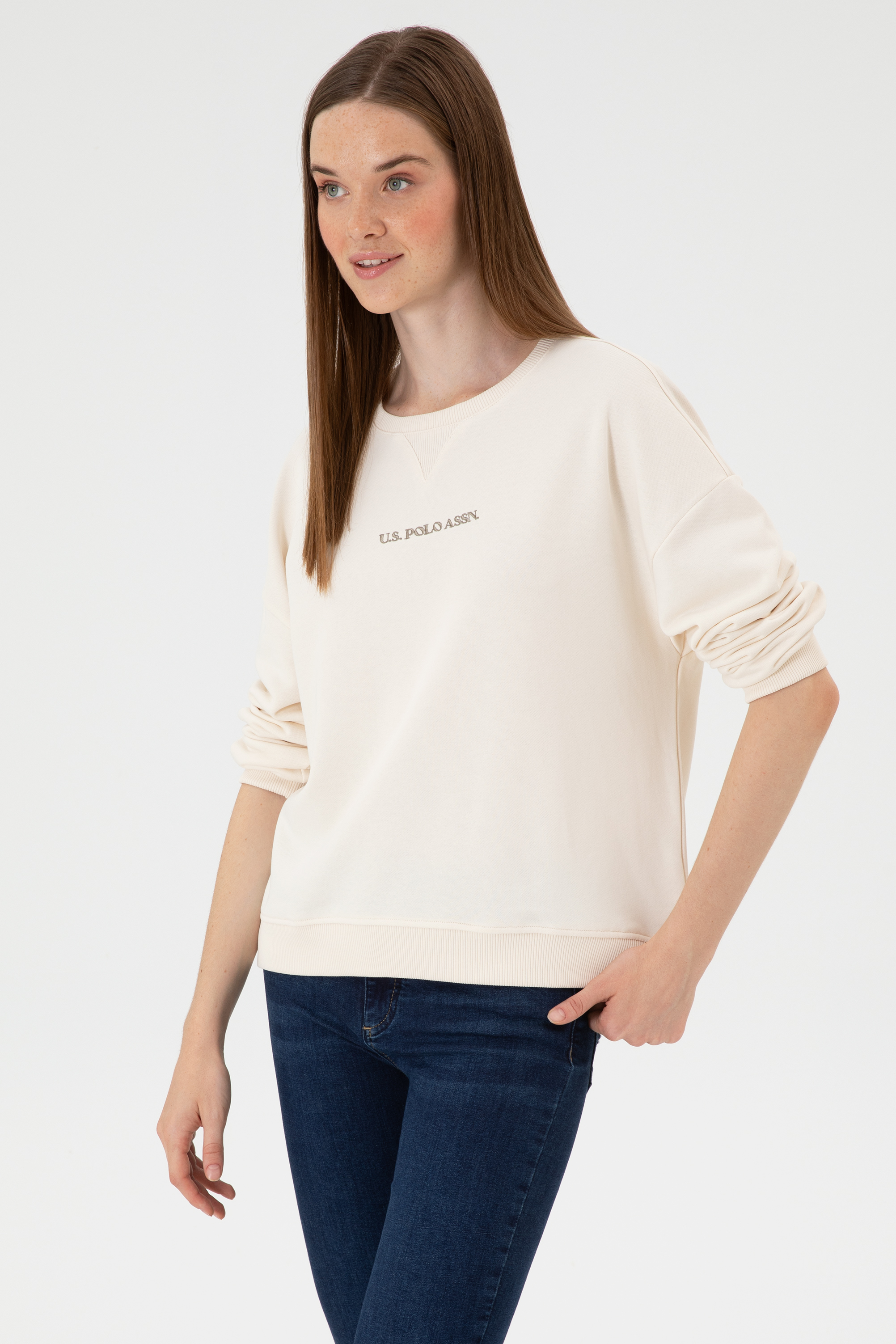 سویشرت یقه گرد سفید Oversize زنانه یو اس پولو | US POLO ASSN