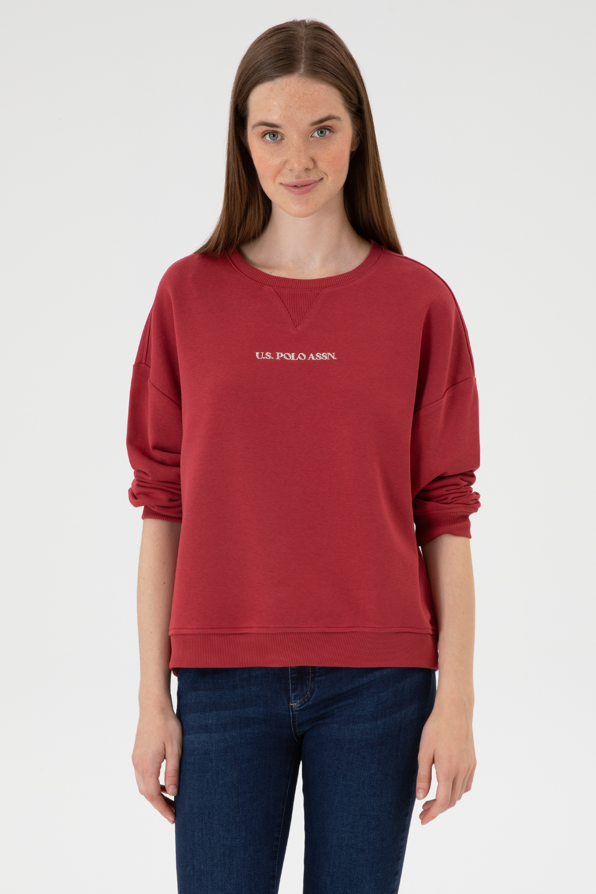 سویشرت یقه گرد آلبالویی Oversize زنانه یو اس پولو | US POLO ASSN