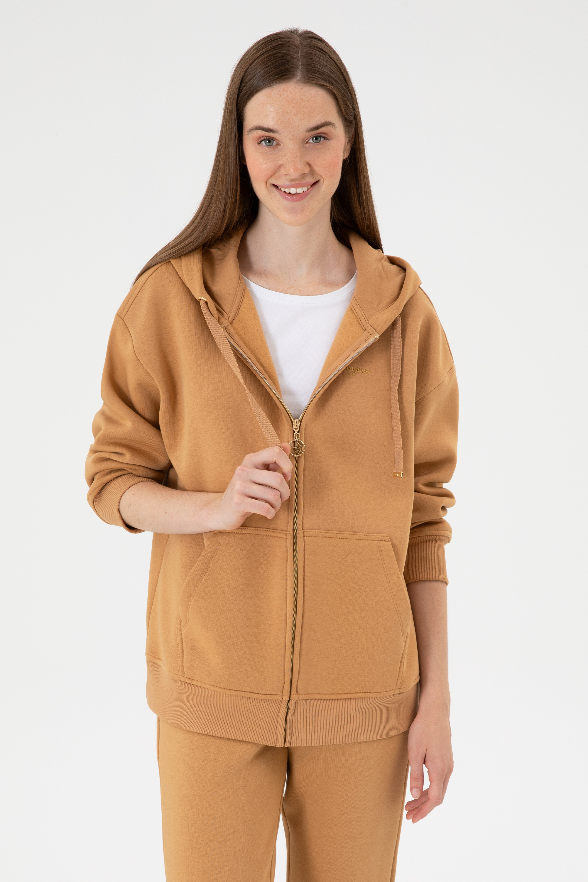 سویشرت هودی شتری Oversize زنانه یو اس پولو | US POLO ASSN