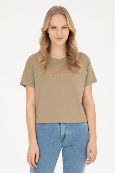تی شرت یقه گرد یقه گرد خاکی  Crop Top آستین کوتاه زنانه یو اس پولو | US POLO ASSN