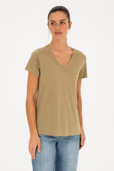 تی شرت یقه هفت  خاکی  ریلکس  زنانه یو اس پولو | US POLO ASSN
