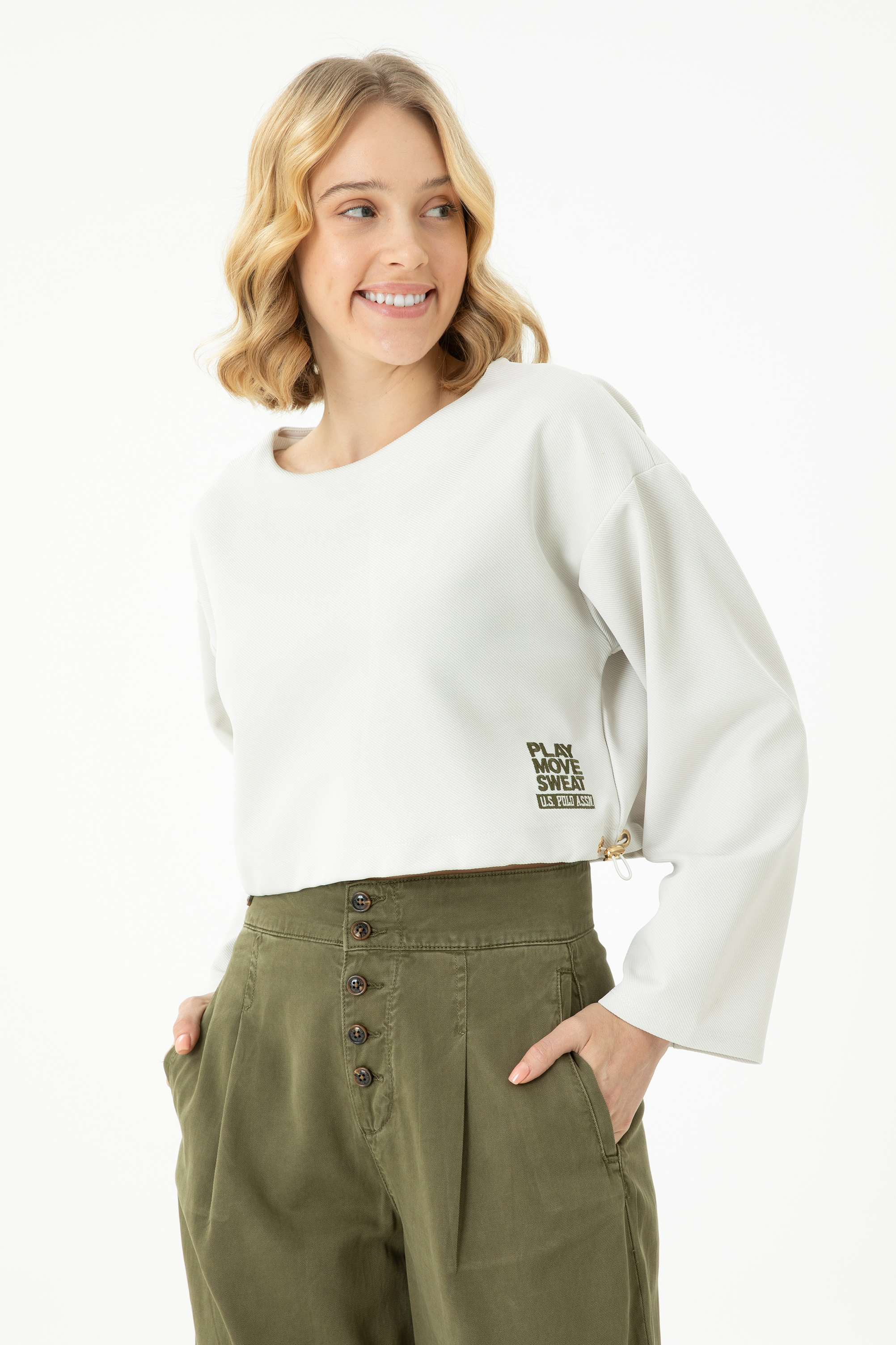 سویشرت یقه گرد خاکستری Crop Top زنانه یو اس پولو | US POLO ASSN