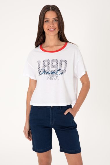 تی شرت یقه گرد  سفید  Crop Top  زنانه یو اس پولو | US POLO ASSN
