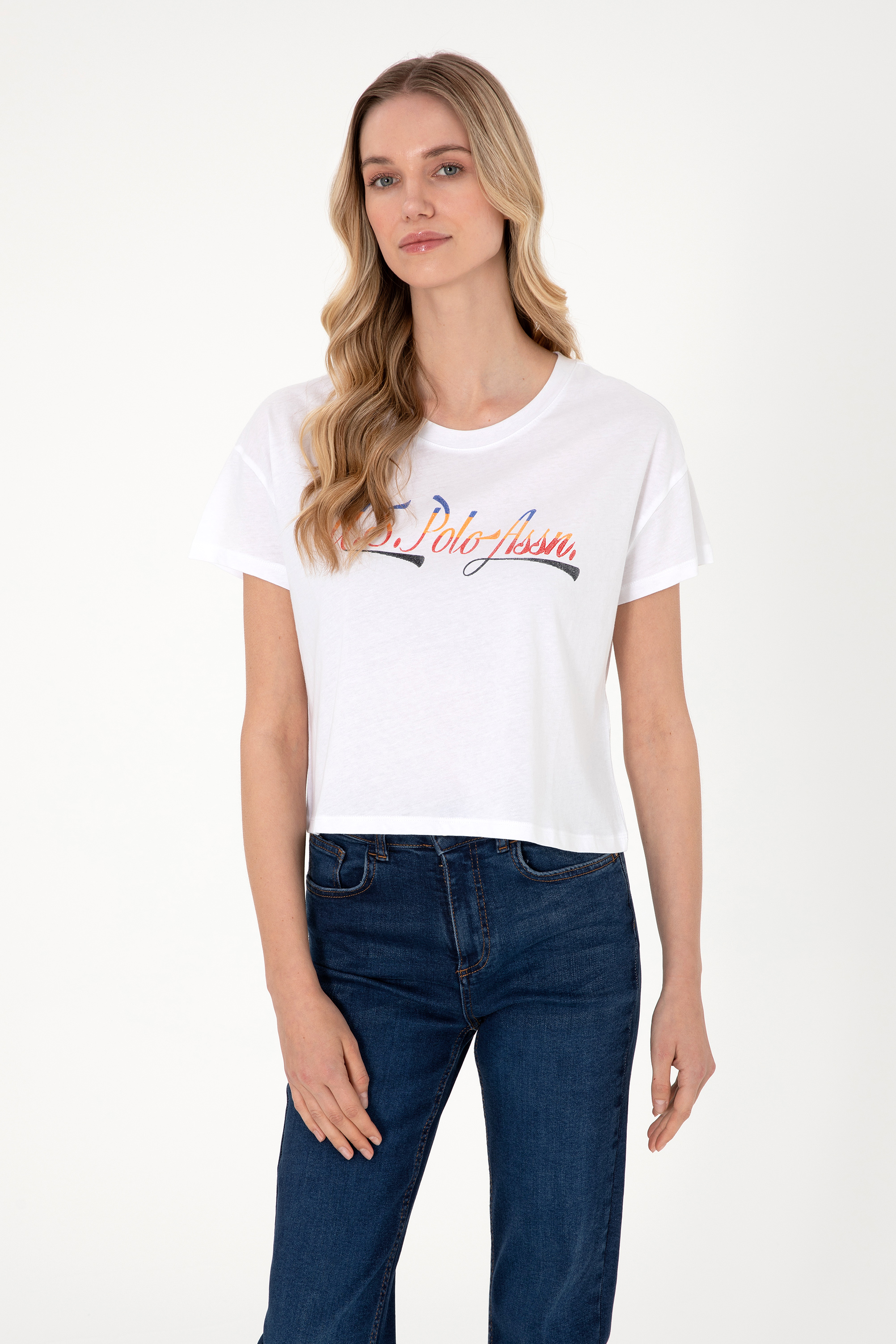 تی شرت یقه گرد سفید Crop Top زنانه یو اس پولو | US POLO ASSN