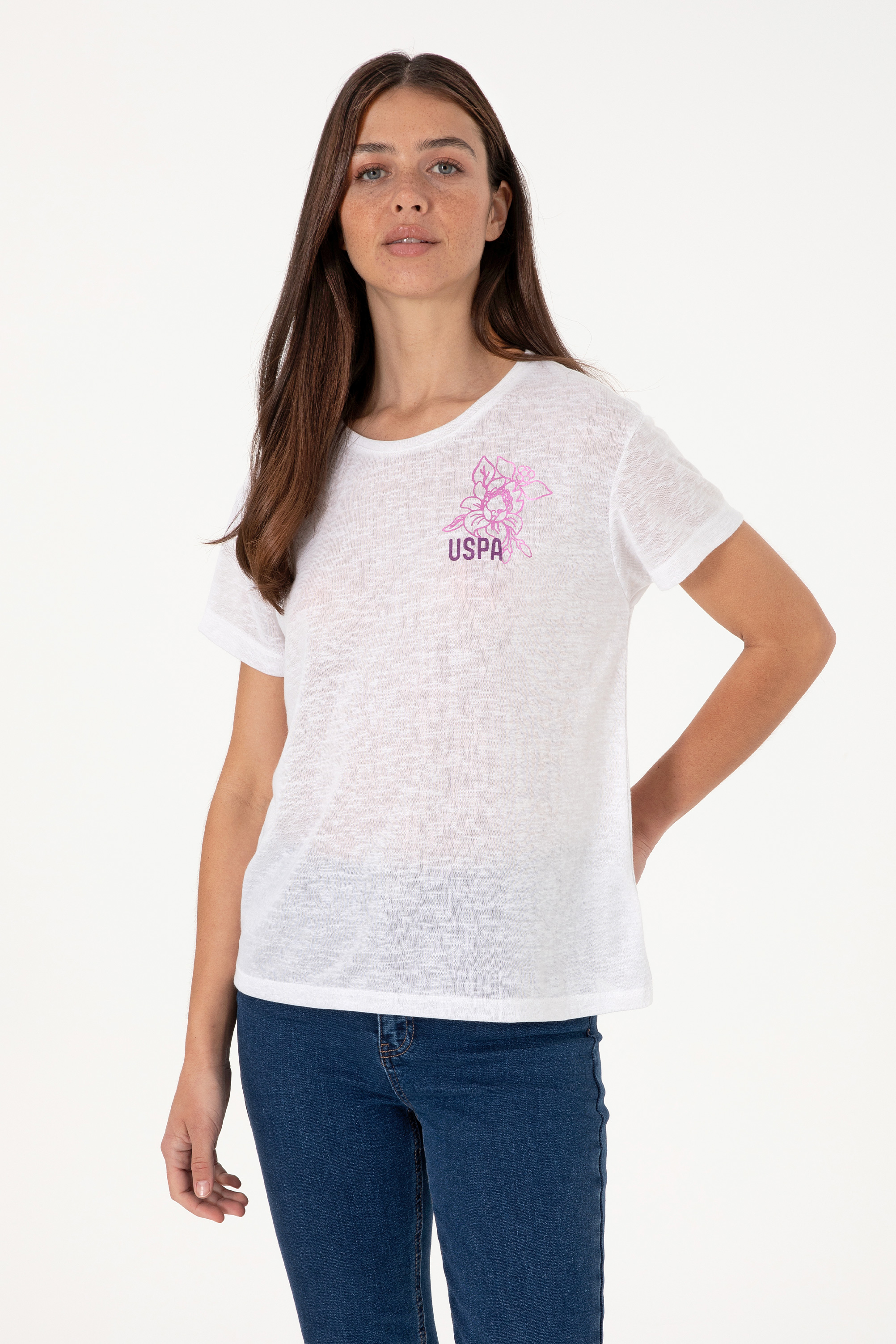 تی شرت یقه گرد سفید ریلکس زنانه یو اس پولو | US POLO ASSN