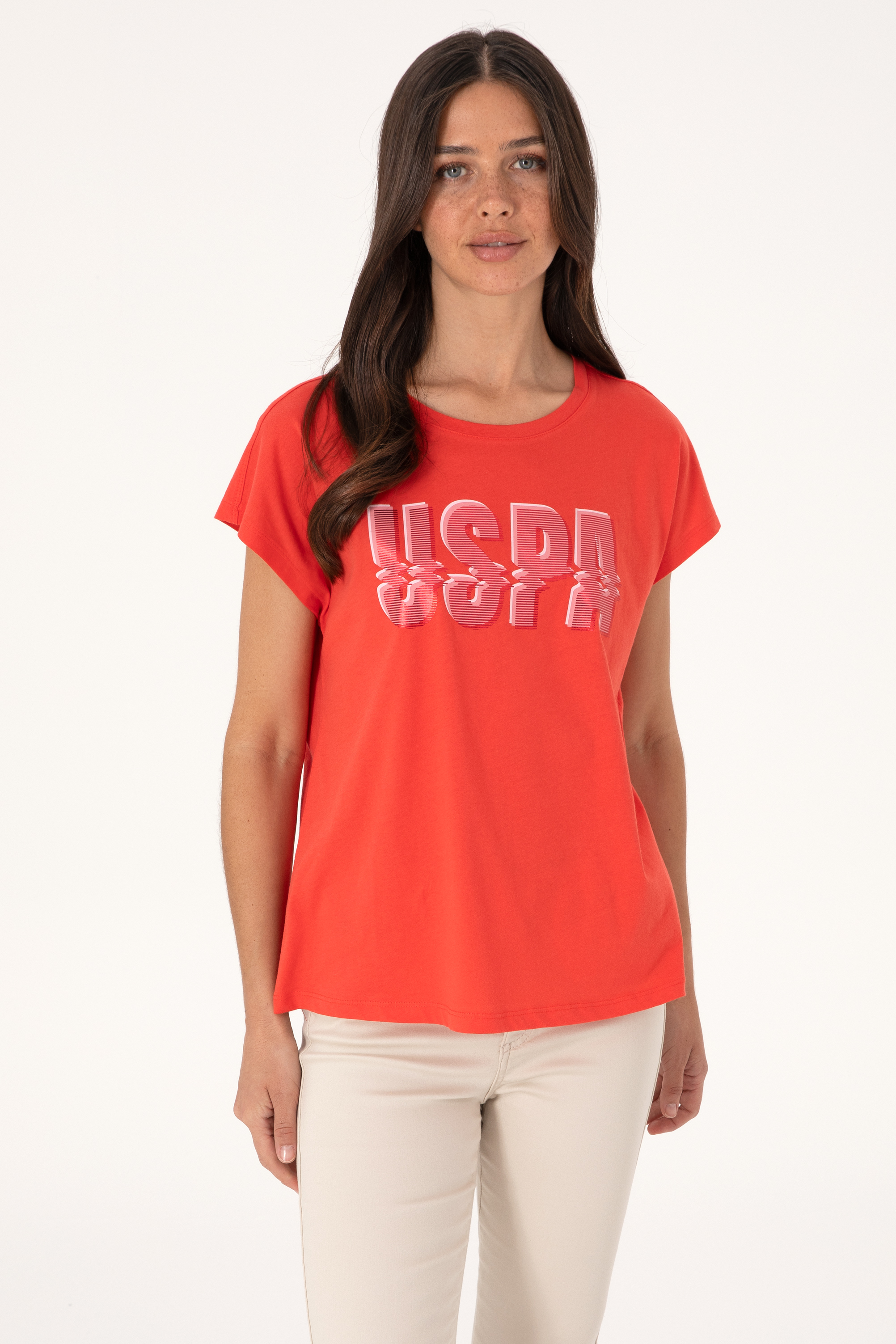 تی شرت یقه گرد قرمز رگولار زنانه یو اس پولو | US POLO ASSN