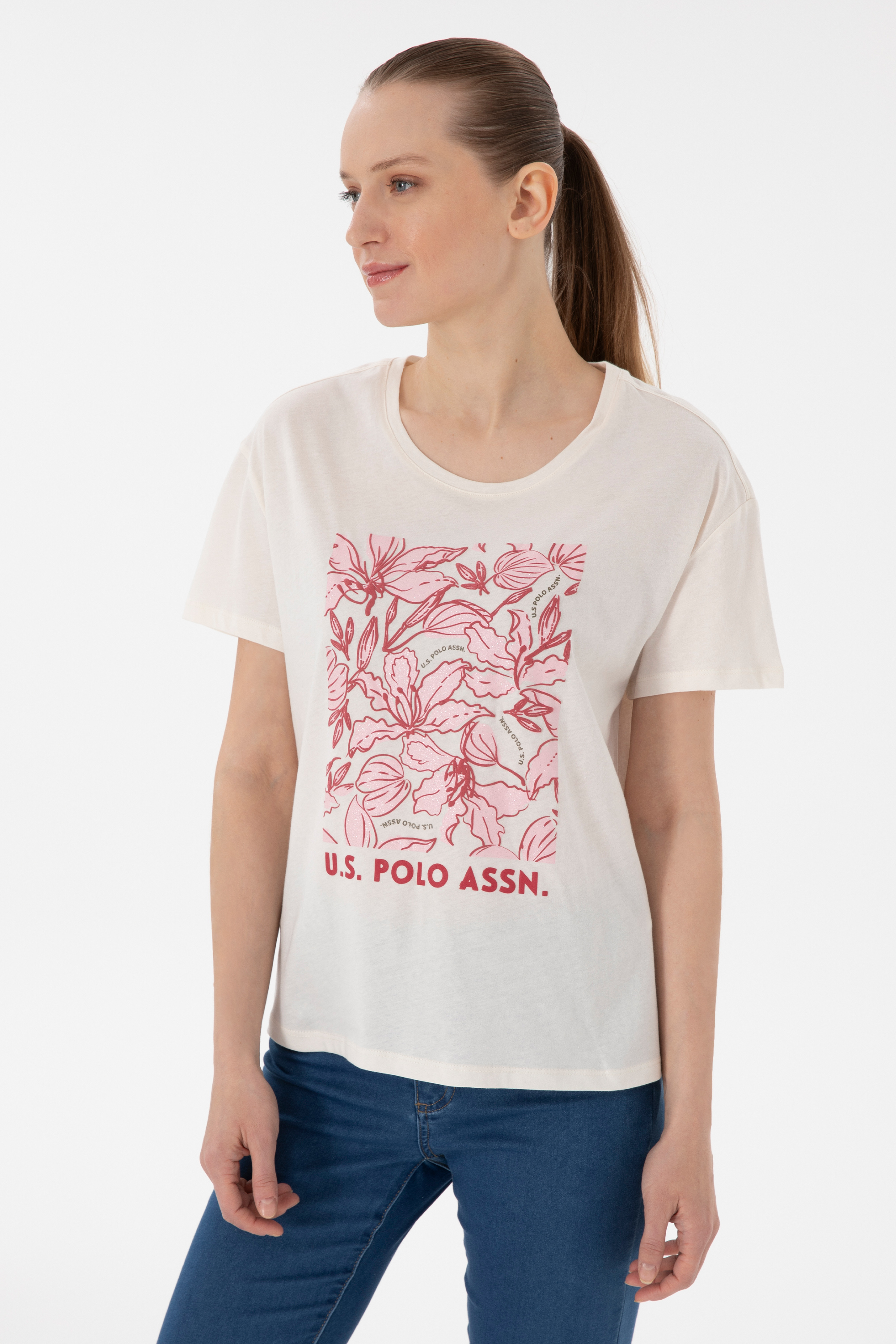 تی شرت یقه گرد سفید ریلکس زنانه یو اس پولو | US POLO ASSN