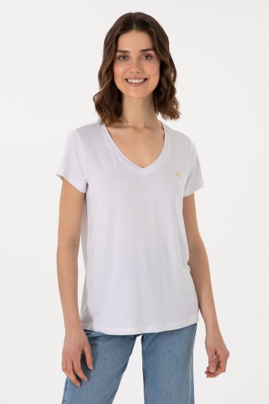 تی شرت بیسیک یقه هفت  سفید  ریلکس  زنانه یو اس پولو | US POLO ASSN