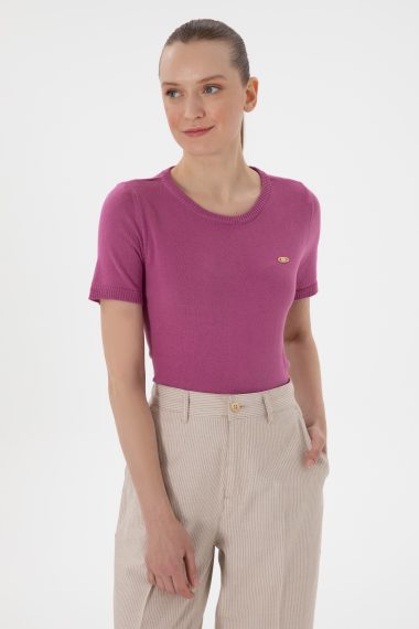 تی شرت تریکو یقه گرد  ارغوانی  CROP  زنانه یو اس پولو | US POLO ASSN
