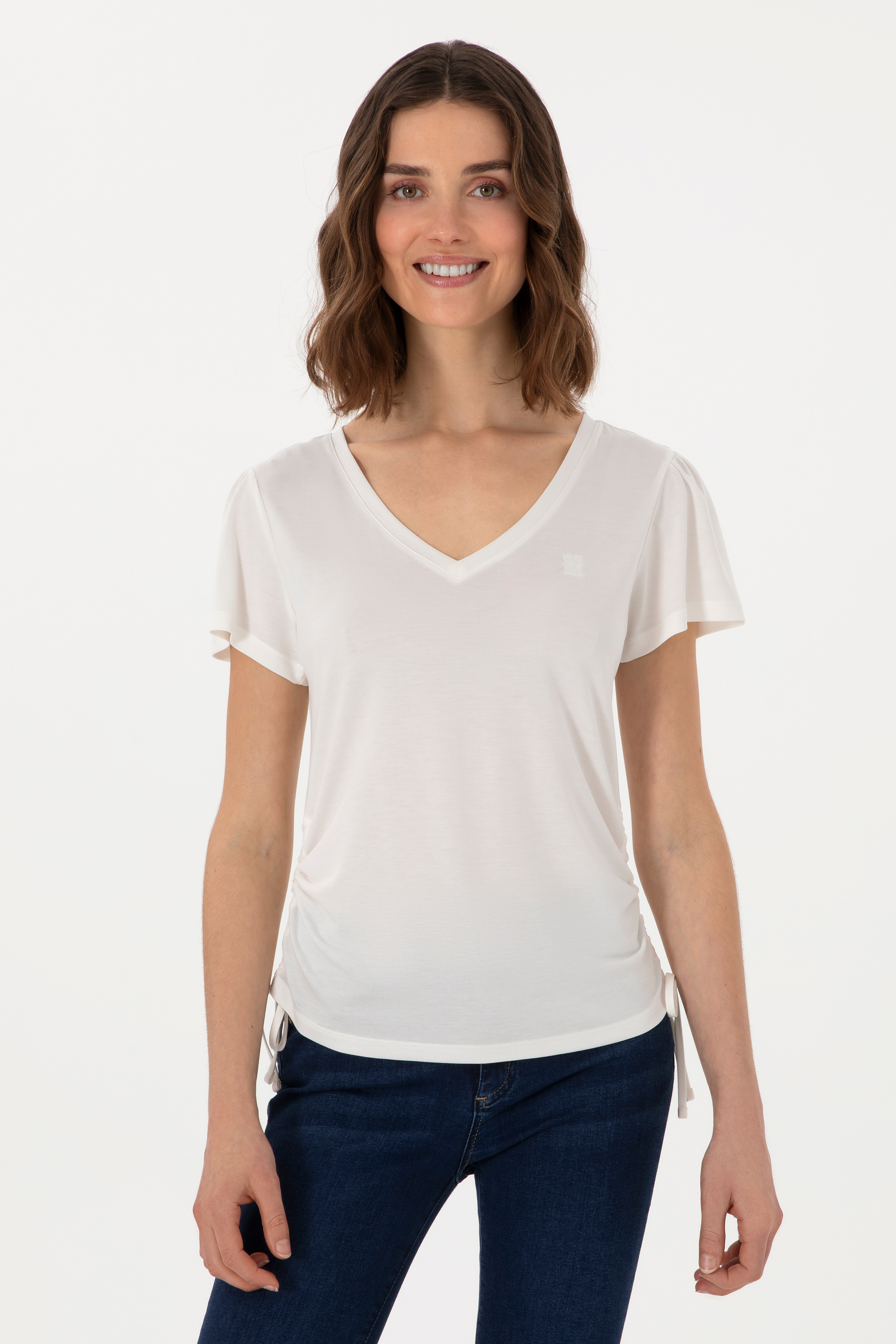 تی شرت یقه هفت یقه هفت سفید رگولار آستین کوتاه زنانه یو اس پولو | US POLO ASSN