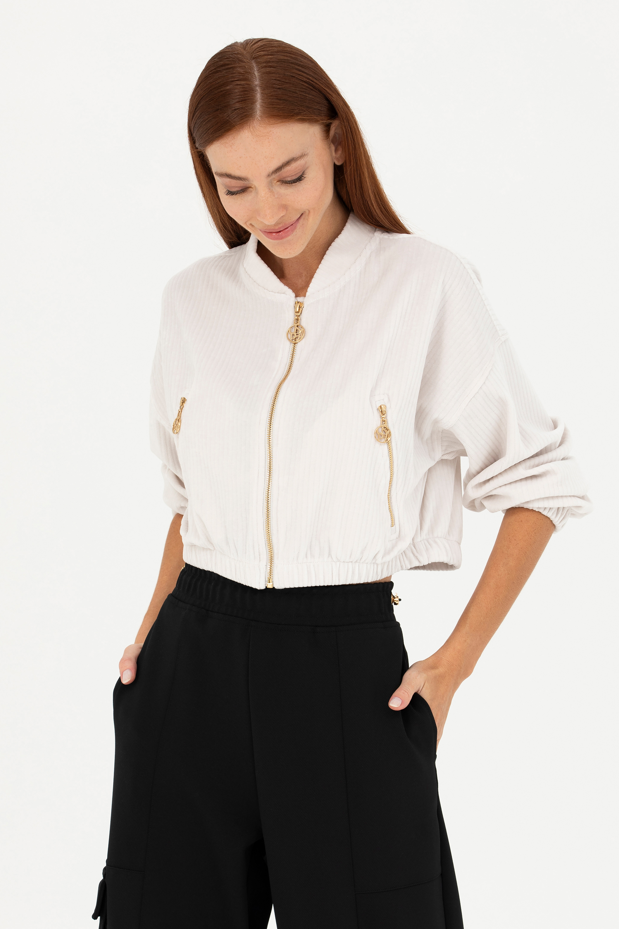 سویشرت یقه هفت خاکستری Crop Top زنانه یو اس پولو | US POLO ASSN