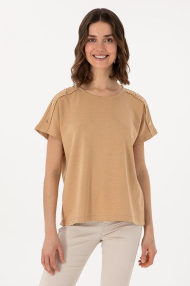 تی شرت یقه گرد  شتری  رگولار  زنانه یو اس پولو | US POLO ASSN
