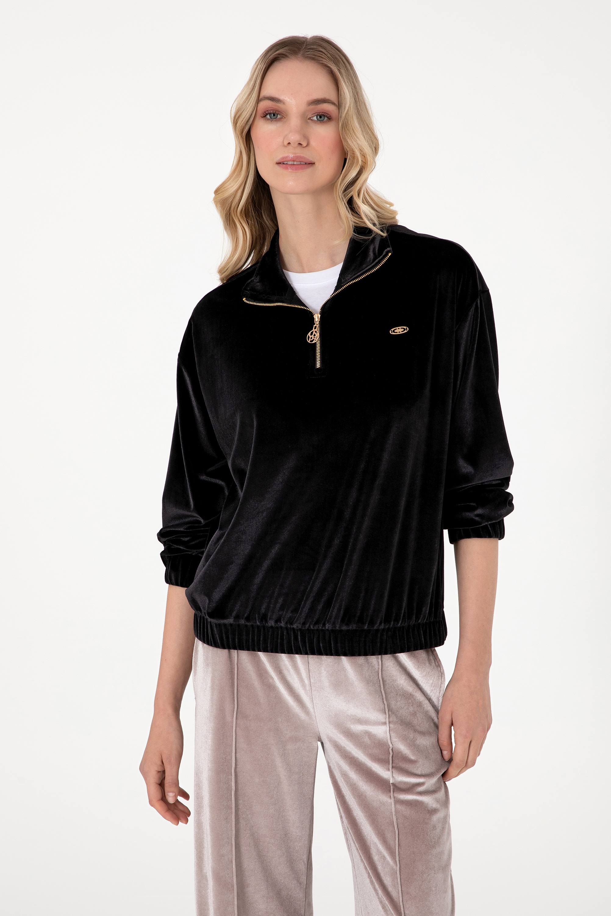 سویشرت یقه ایستاده سیاه ریلکس آستین بلند زنانه یو اس پولو | US POLO ASSN