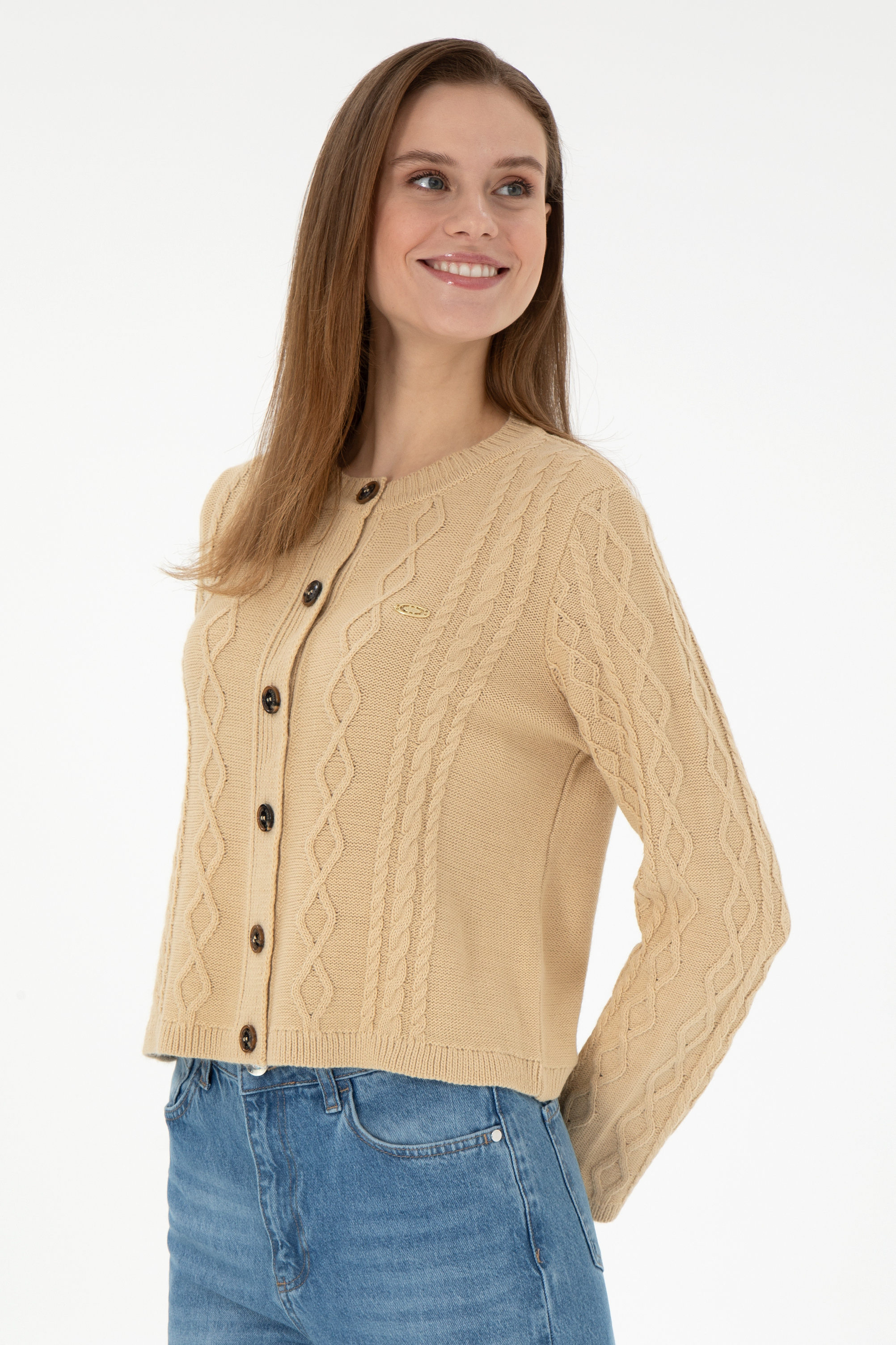 ژاکت تریکو کرمی CROP زنانه یو اس پولو | US POLO ASSN