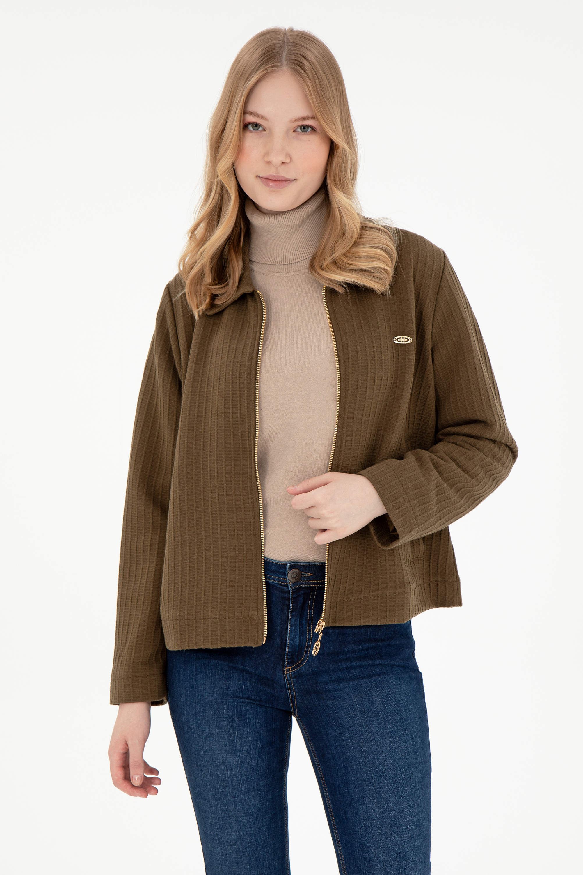سویشرت یقه پولو خاکی Crop Top آستین بلند زنانه یو اس پولو | US POLO ASSN