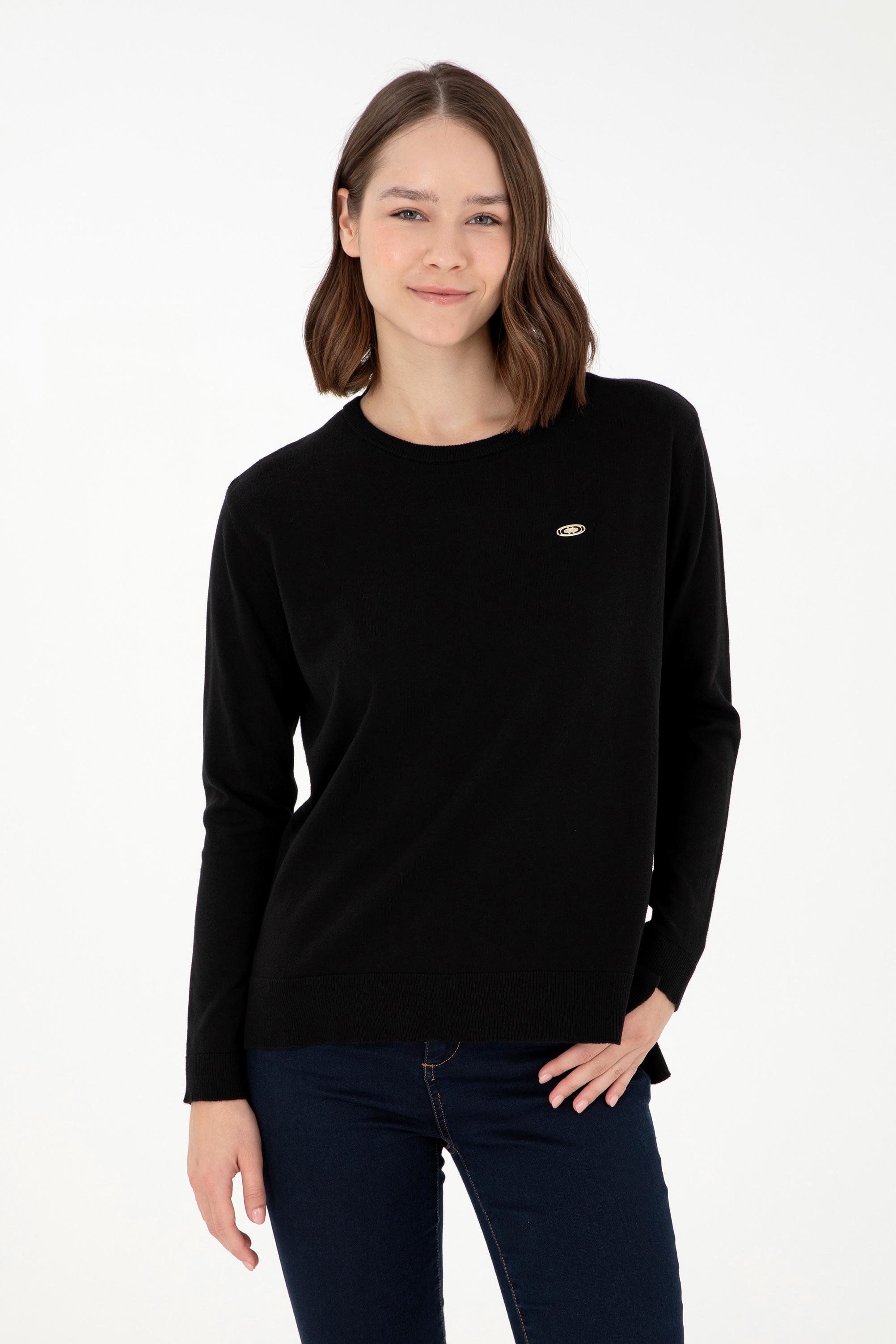 بافت یقه گرد سیاه  ریلکس آستین بلند زنانه یو اس پولو | US POLO ASSN