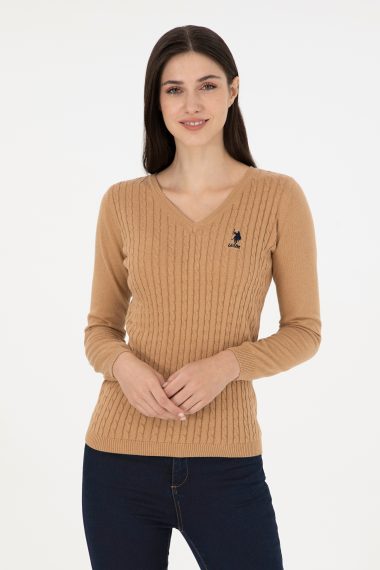 بافت یقه هفت شتری ملانژ  اندامی آستین بلند زنانه یو اس پولو | US POLO ASSN