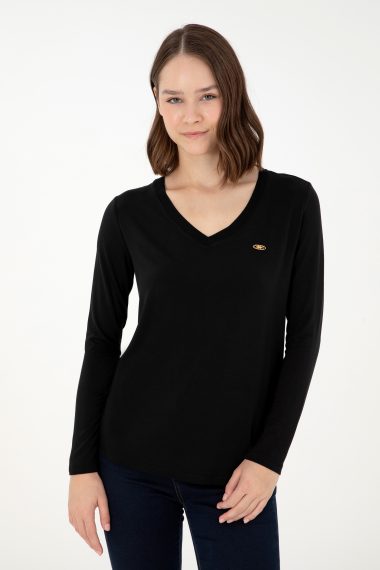 سویشرت یقه هفت یقه هفت سیاه  ریلکس آستین بلند زنانه یو اس پولو | US POLO ASSN