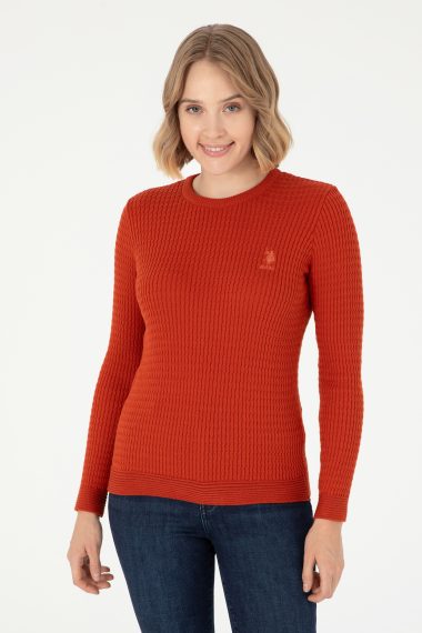 بافت یقه گرد آجری  اندامی آستین بلند زنانه یو اس پولو | US POLO ASSN