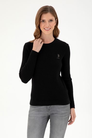بافت یقه گرد سیاه  اندامی آستین بلند زنانه یو اس پولو | US POLO ASSN