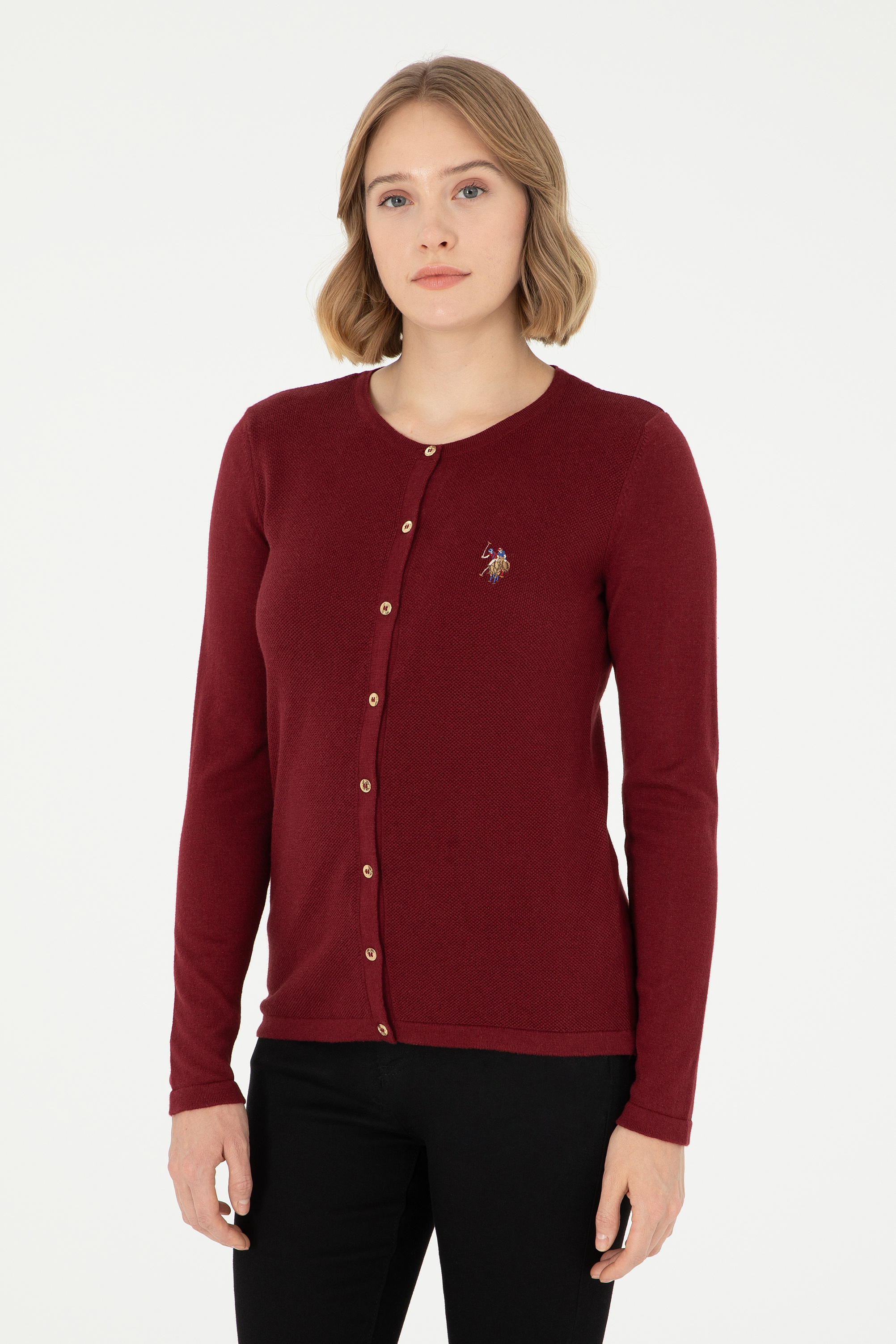 ژاکت تریکو یقه گرد بورگاندی اندامی آستین بلند زنانه یو اس پولو | US POLO ASSN