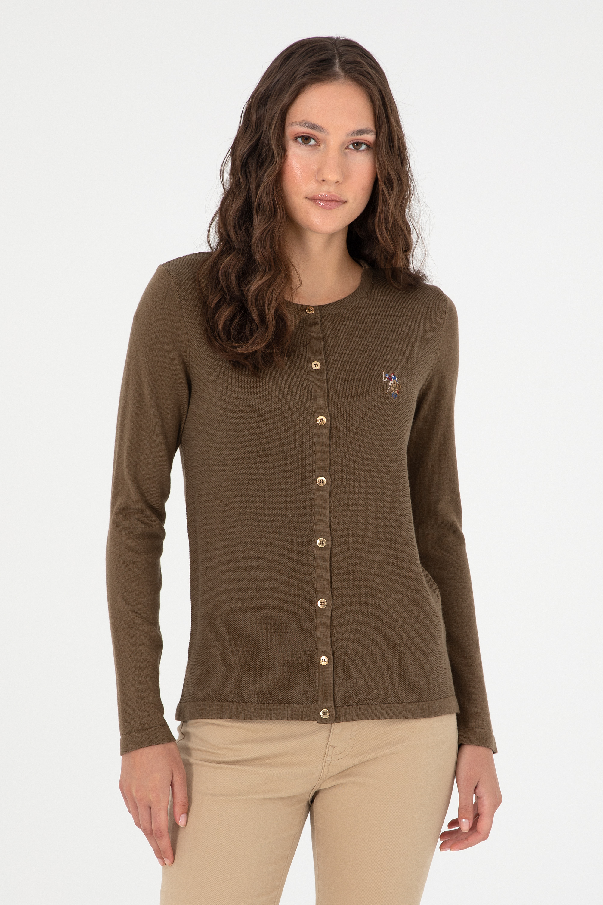 ژاکت تریکو یقه گرد خاکی اندامی آستین بلند زنانه یو اس پولو | US POLO ASSN