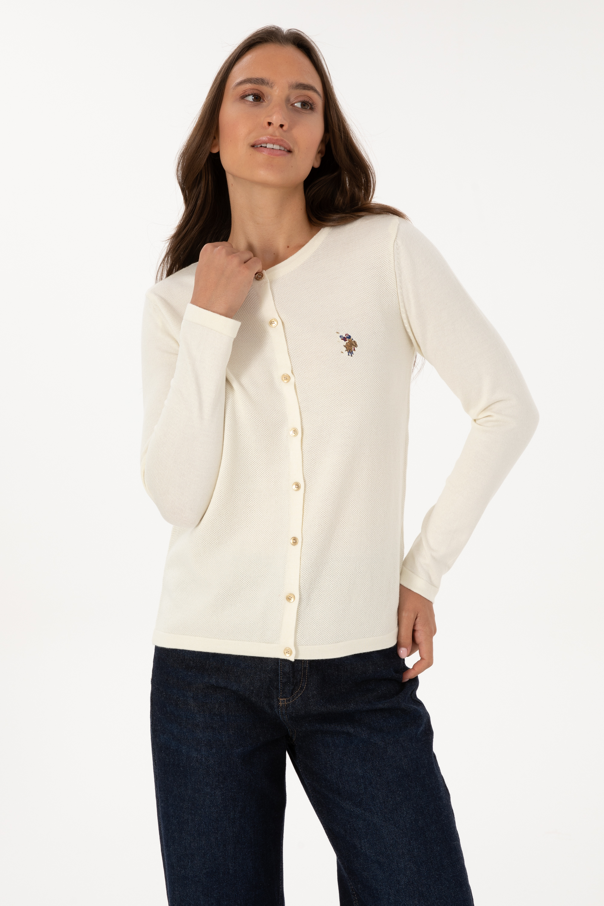 ژاکت تریکو کرمی اندامی زنانه یو اس پولو | US POLO ASSN