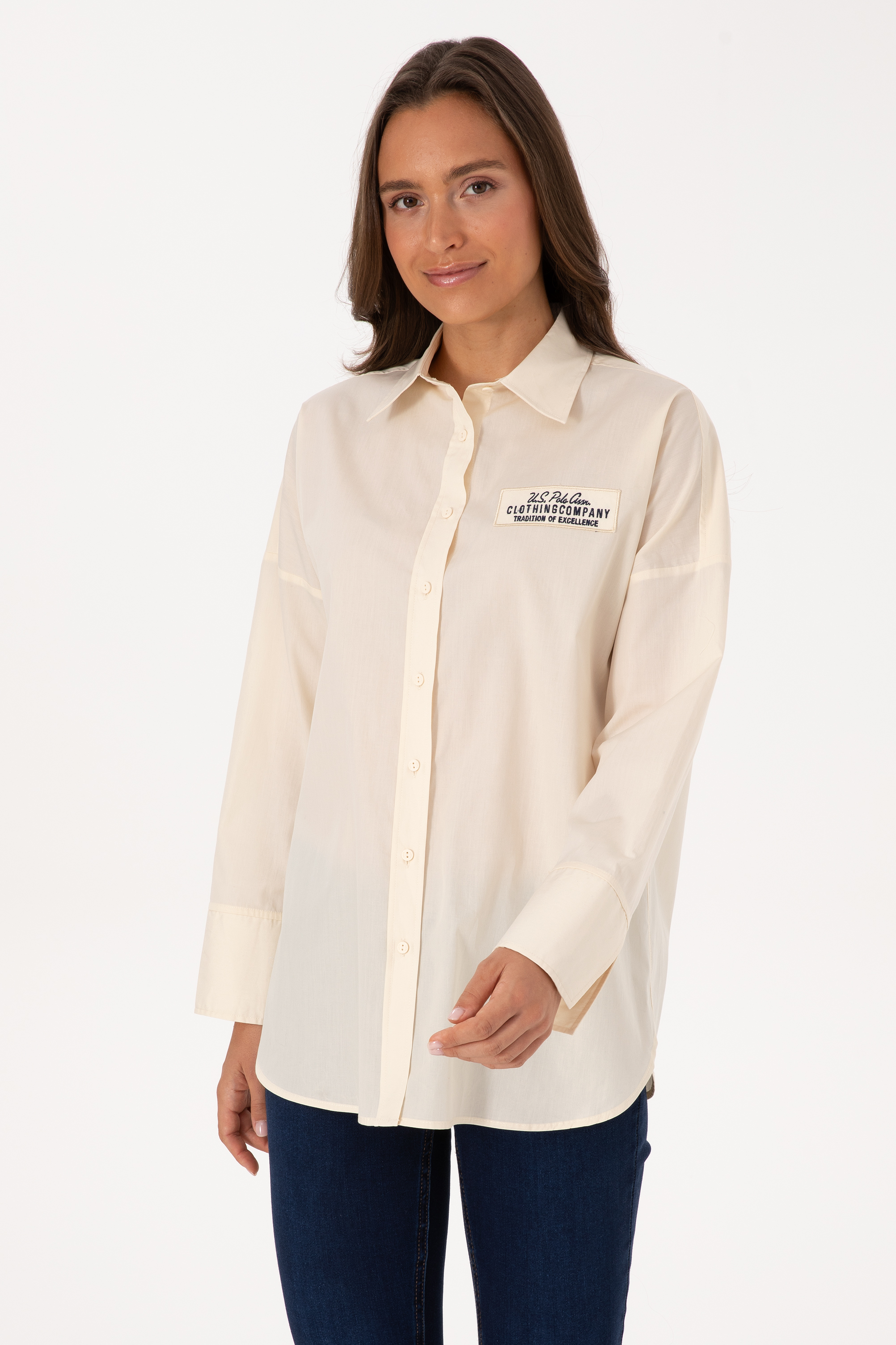 پیراهن کرمی Oversize زنانه یو اس پولو | US POLO ASSN