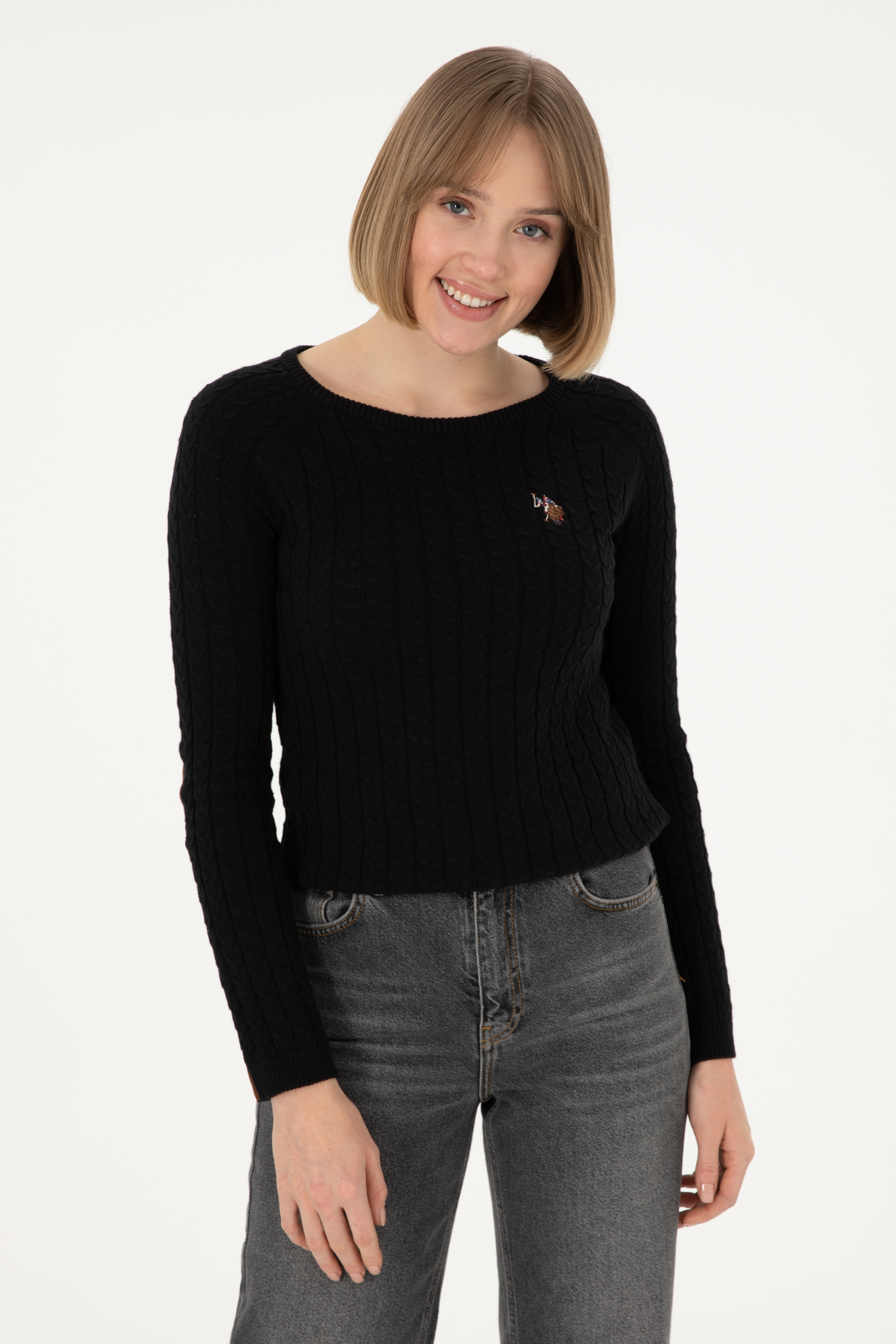 بافت آستین بلند اندامی یقه گرد سیاه زنانه یو اس پولو بافت یقه گرد سیاه  اندامی آستین بلند زنانه یو اس پولو | US POLO ASSN