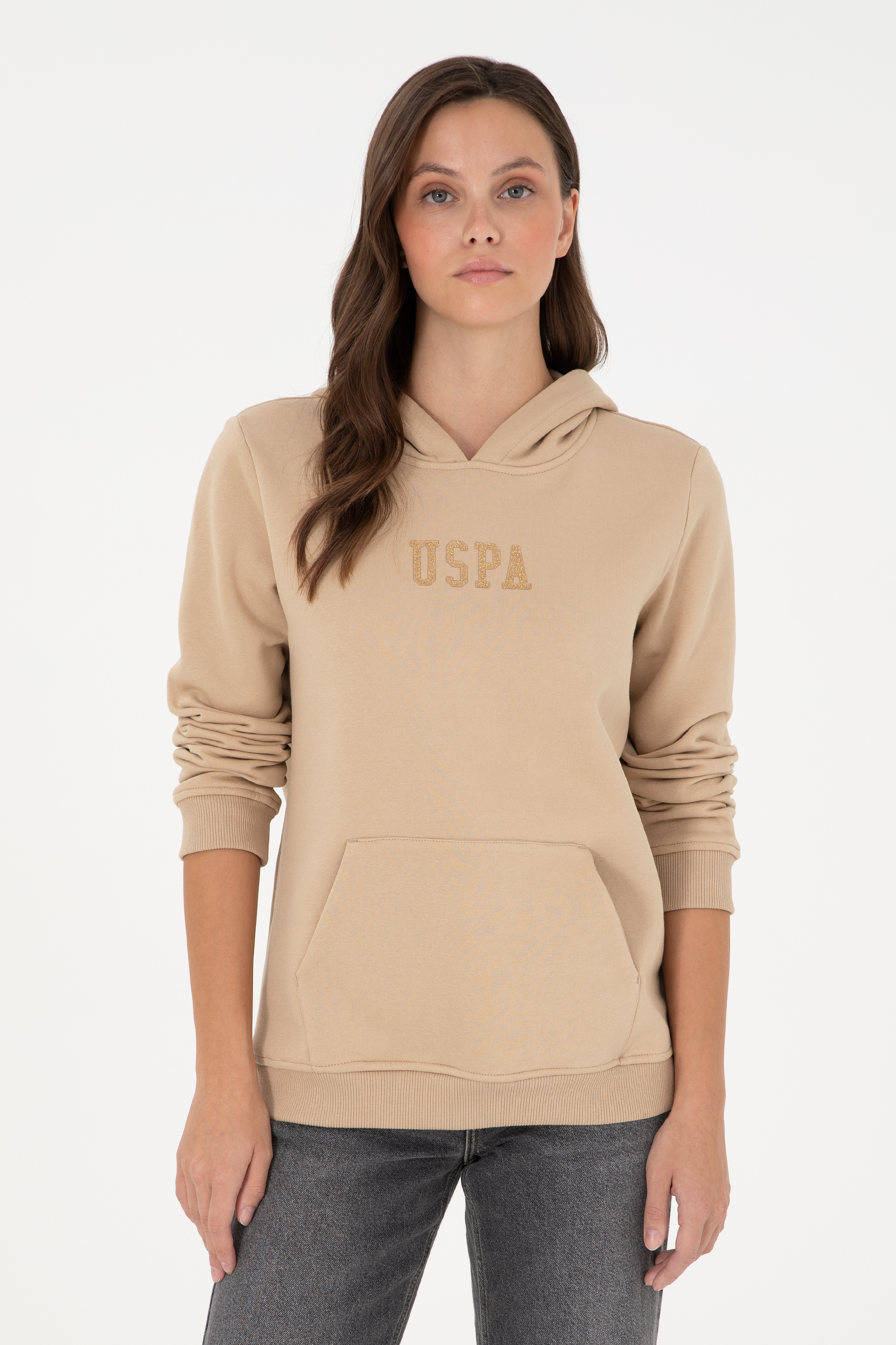 سویشرت هودی هودی کرمی رگولار آستین بلند زنانه یو اس پولو | US POLO ASSN