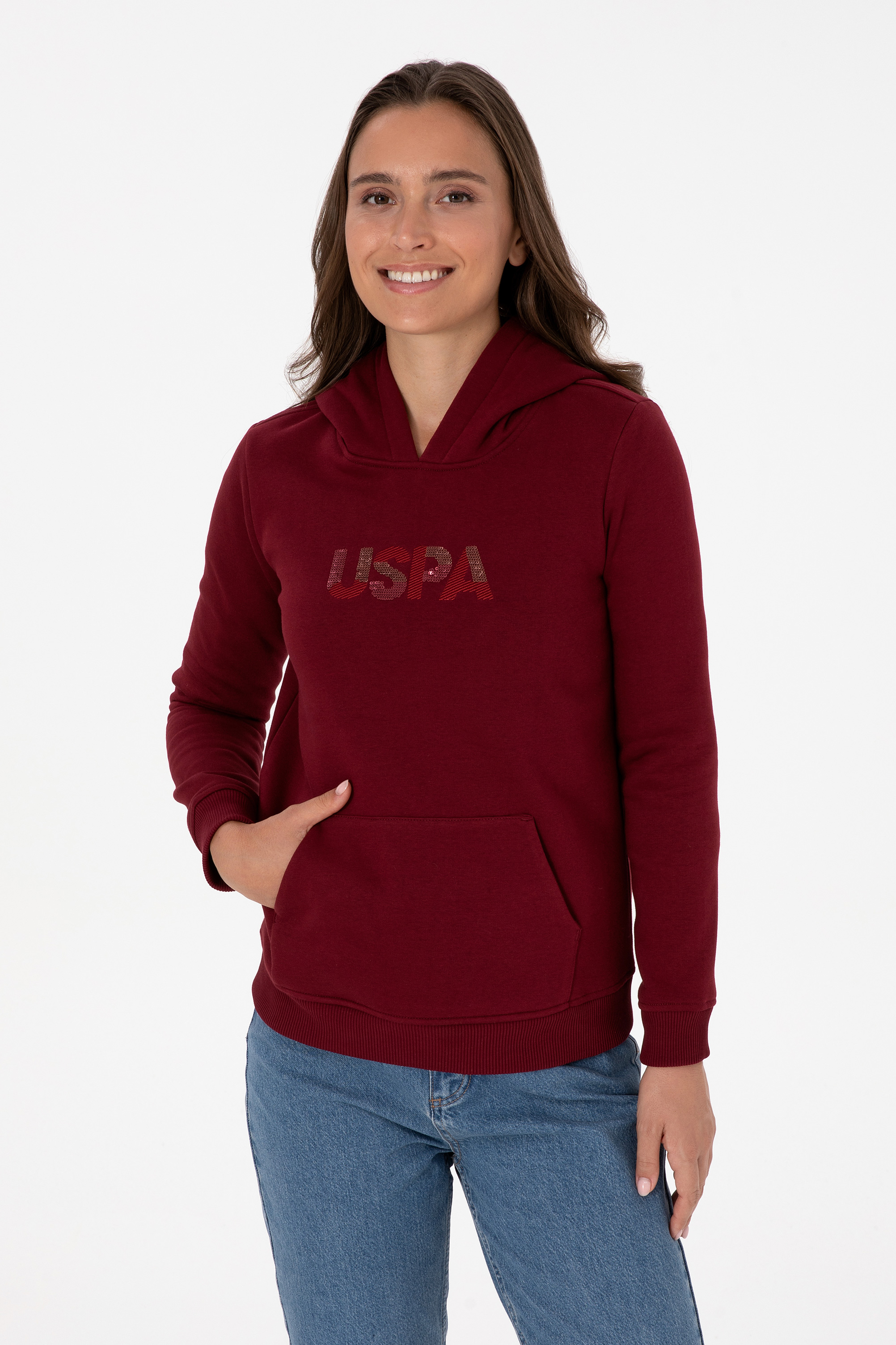 سویشرت هودی بیسیک بورگاندی رگولار زنانه یو اس پولو | US POLO ASSN