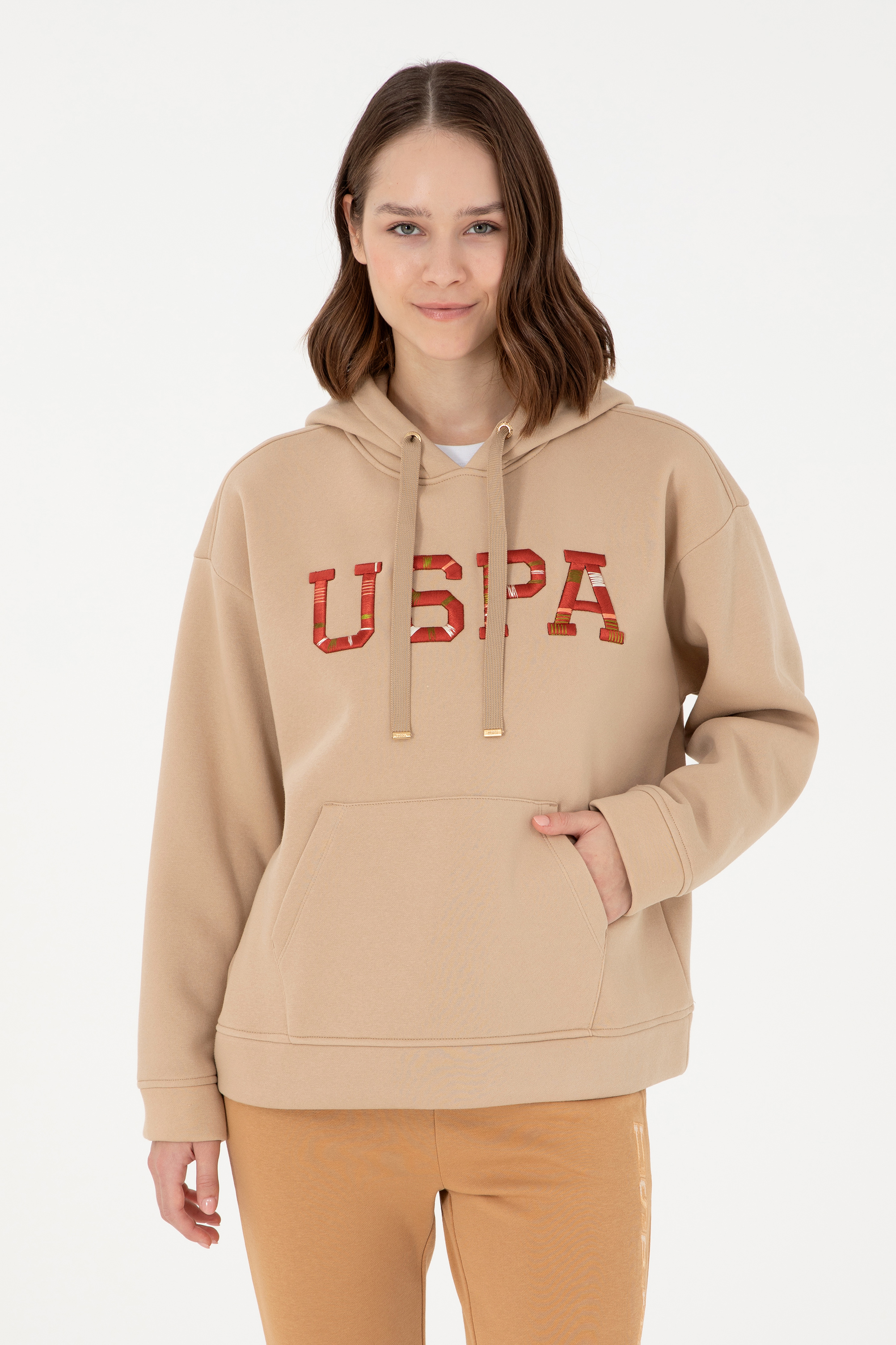 سویشرت هودی کرمی Oversize زنانه یو اس پولو | US POLO ASSN
