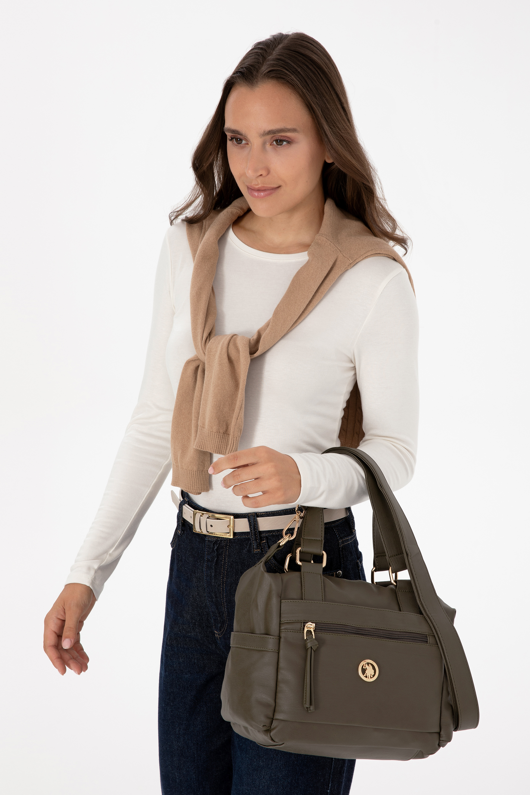 کیف رودوشی خاکی استاندارد فیت زنانه یو اس پولو | US POLO ASSN