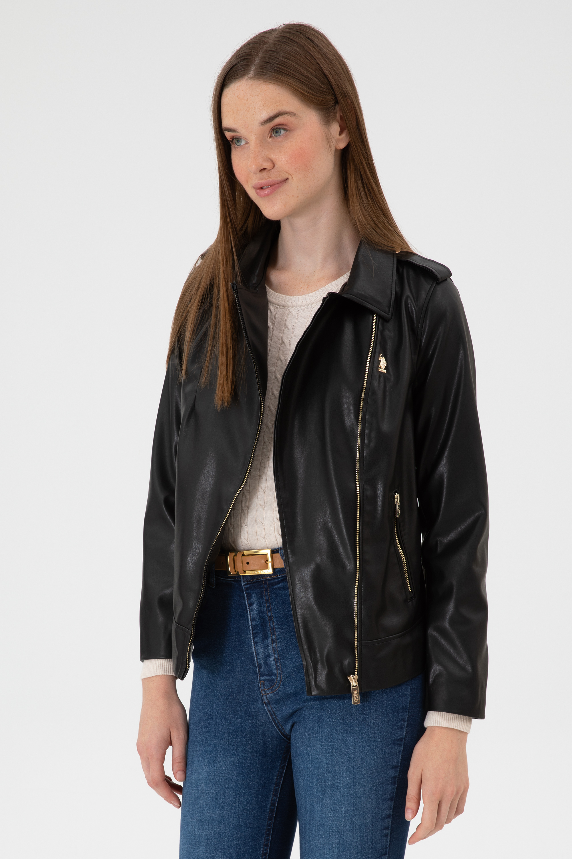 کت چرم سیاه استاندارد فیت زنانه یو اس پولو | US POLO ASSN