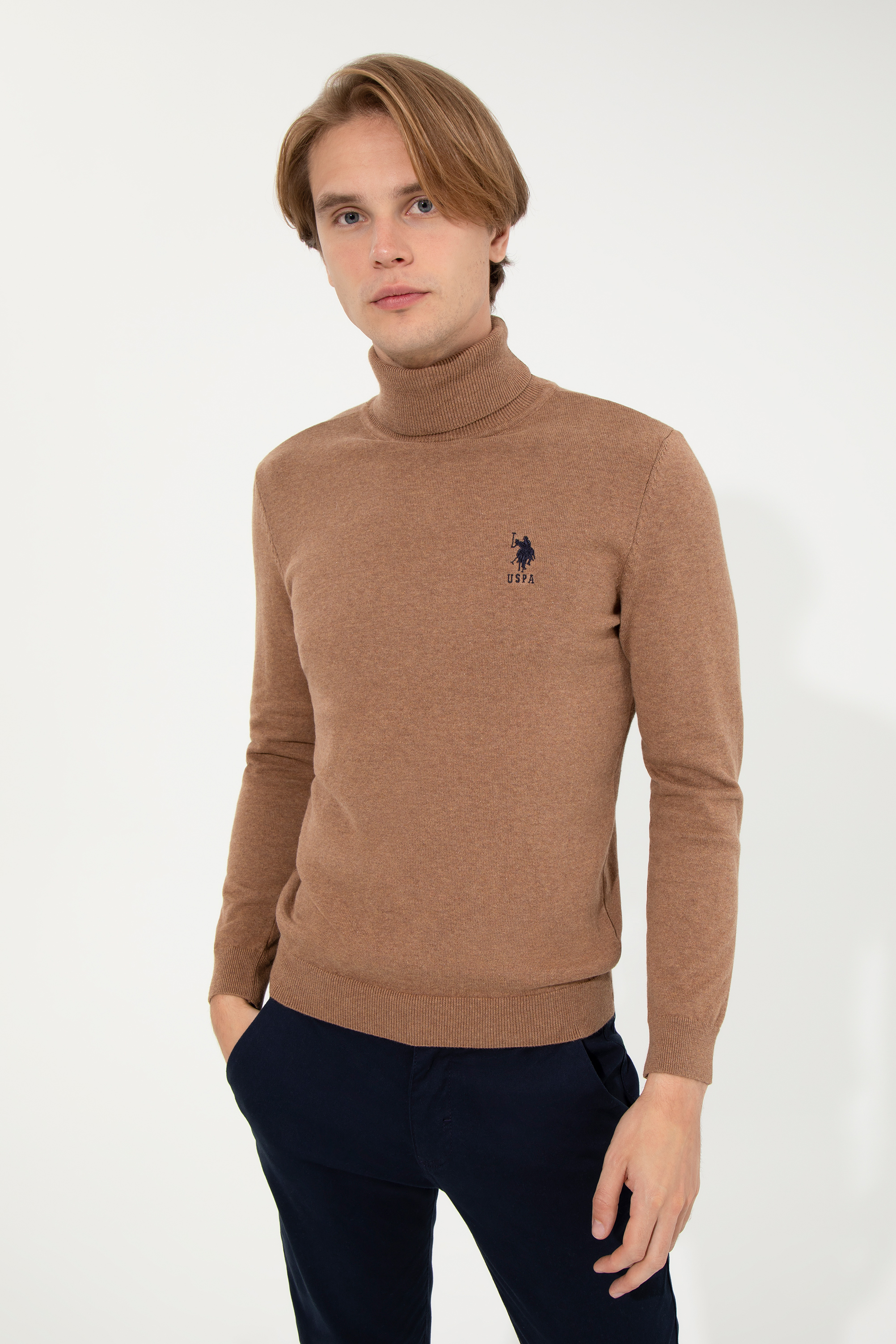 بافت بیسیک یقه اسکی شتری ملانژ اندامی مردانه یو اس پولو | US POLO ASSN