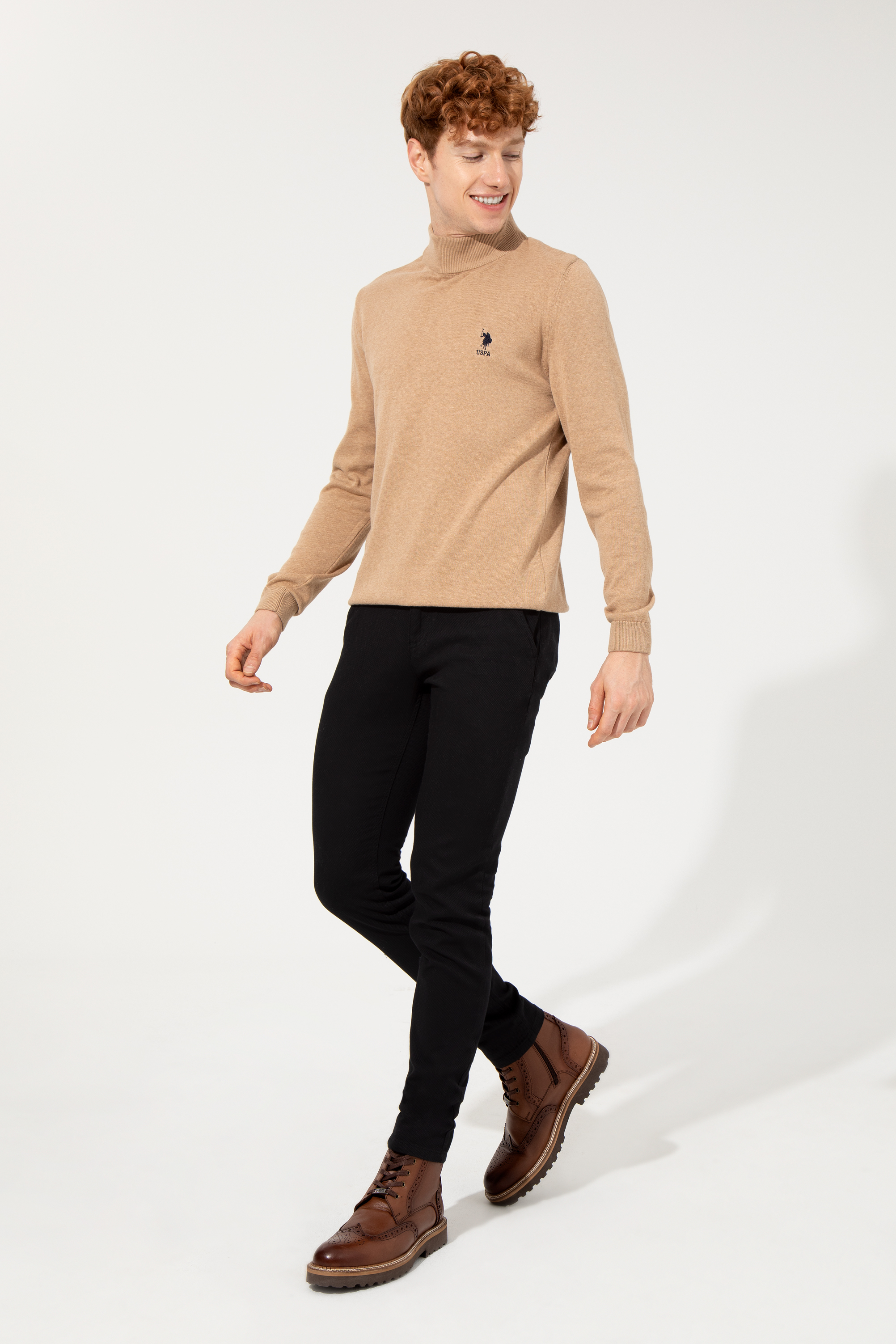 بافت بیسیک یقه اسکی شتری ملانژ اندامی مردانه یو اس پولو | US POLO ASSN