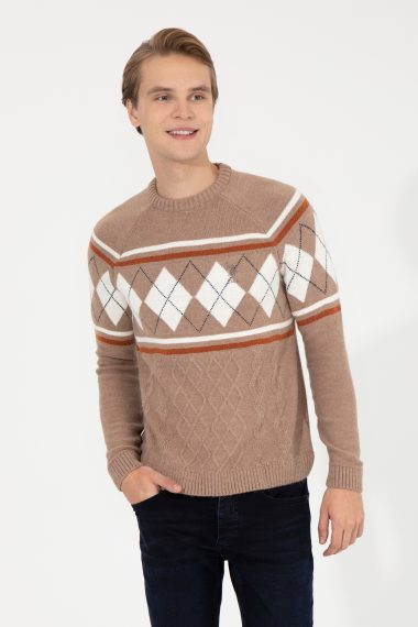 بافت یقه گرد شتری ملانژ  رگولار  مردانه یو اس پولو | US POLO ASSN
