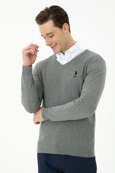 بافت بیسیک یقه هفت خاکستری ملانژ  اندامی  مردانه یو اس پولو | US POLO ASSN