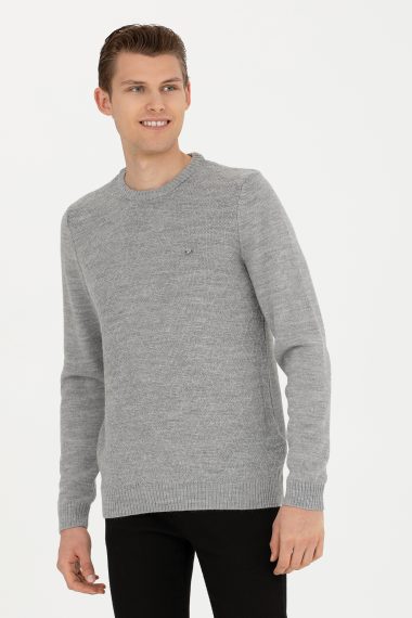 بافت یقه گرد خاکستری ملانژ  رگولار آستین بلند مردانه یو اس پولو | US POLO ASSN
