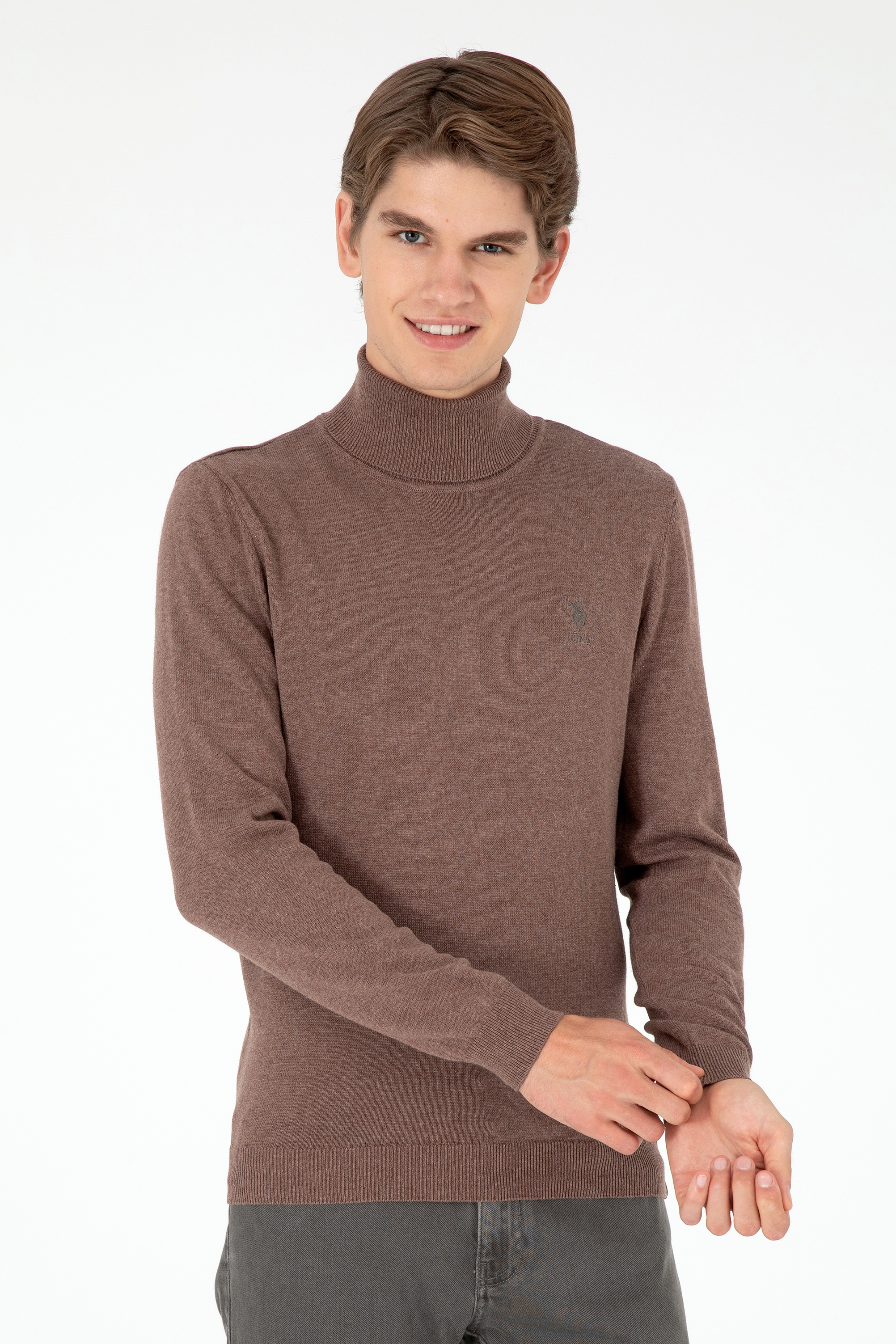 بافت بیسیک یقه اسکی خاکستری اندامی آستین بلند مردانه یو اس پولو | US POLO ASSN