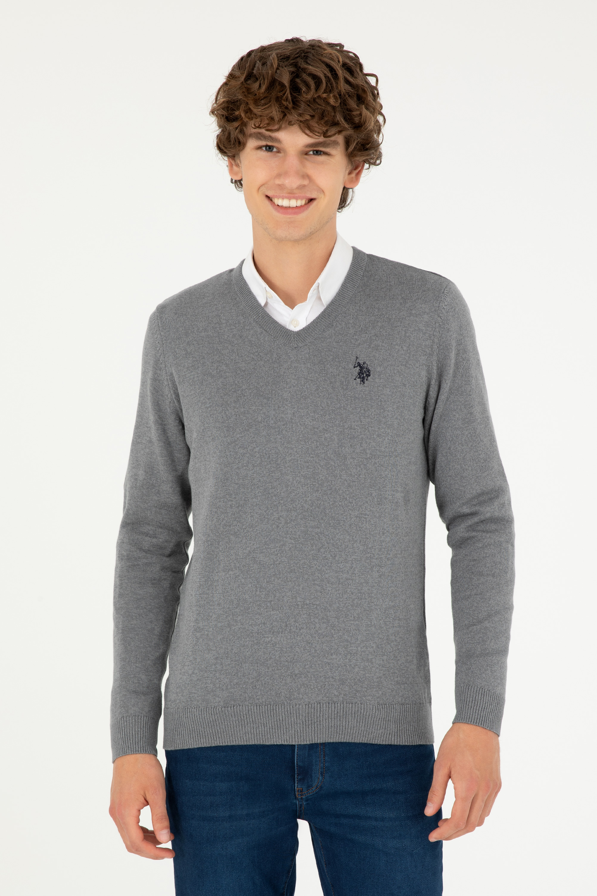 بافت بیسیک یقه هفت خاکستری ملانژ اندامی مردانه یو اس پولو | US POLO ASSN